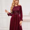 Bbonlinedress Velvet Sequin Cocktail Long Sleeve Dress for Women Velvet Vintage Wedding Guest Midi Dress (Large, Burgundy)