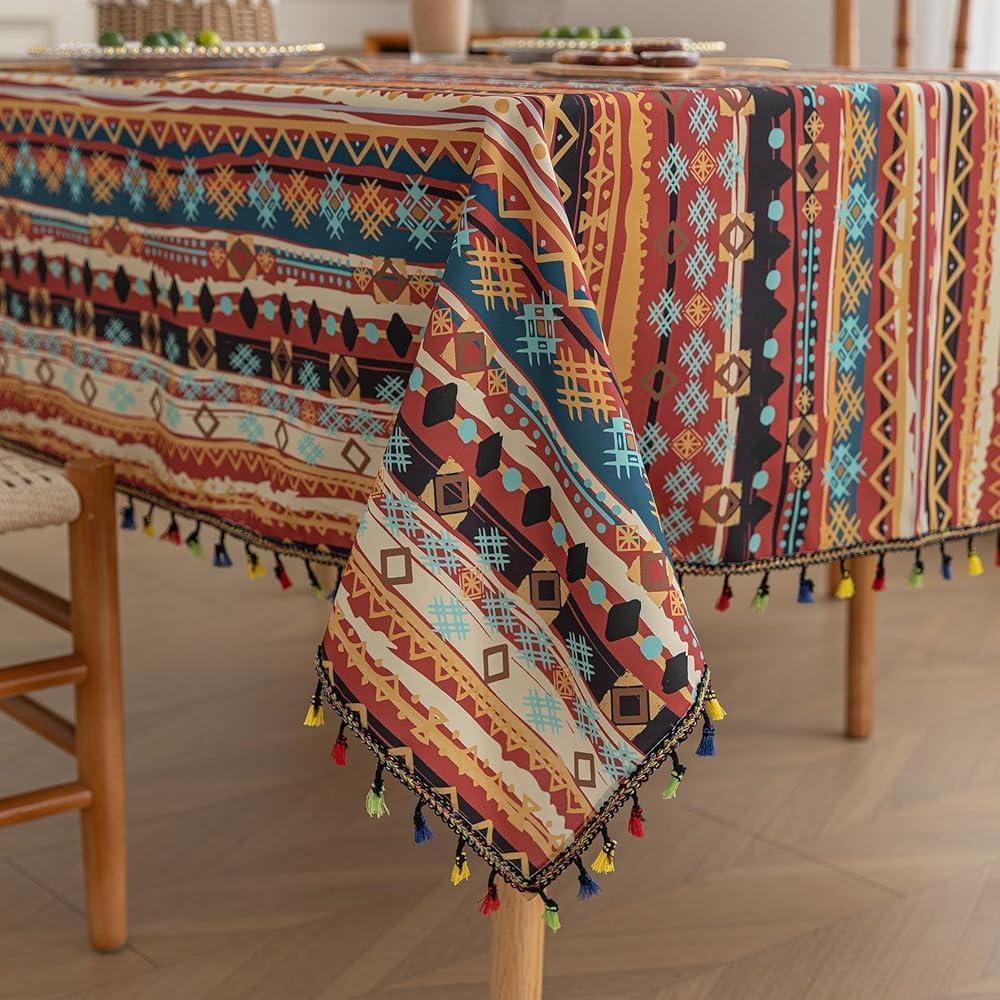 Erbnaryx Boho Tablecloth for Square Tables, Fringed Edges with Geometric Pattern Tablecloths, Farmhouse Floral Table Cover Cloth Decorative for Kitchen Dining Room, 59"x 59"
