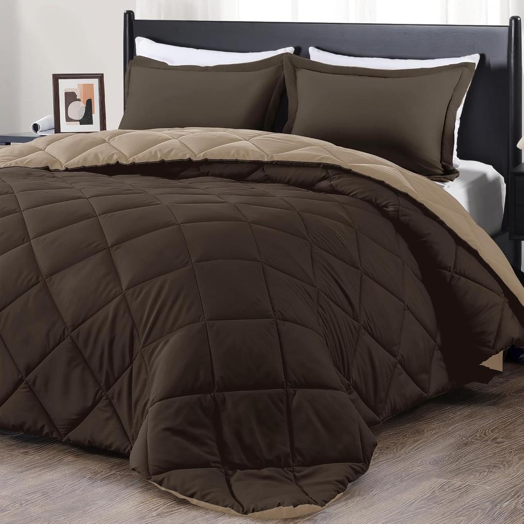 downluxe King Size Comforter Set - Brown and Tan King Comforter, Soft Bedding Sets for All Seasons -3 Pieces - 1 Comforter (104"x92") and 2 Pillow Shams(20"x36")