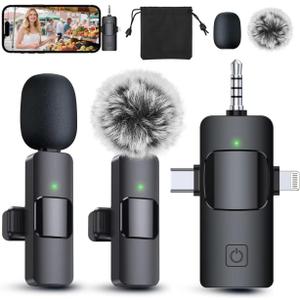 PQRQP 3 in 1 Professional Wireless Lavalier Microphone for iPhone/Android/Camera, Wireless Microphones, Mini Microphone, Crystal Clear Sound Quality for Recording, Live Streaming, Clips-Elegant Black