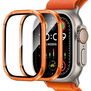 Amizee 2 Pack Metal Case Compatible with Apple Watch Ultra 3/2/1 Screen Protector Case 49mm with Tempered Glass, Metal Frame Built in HD Glass Protective Cover for iWatch 49mm (C-Orange)