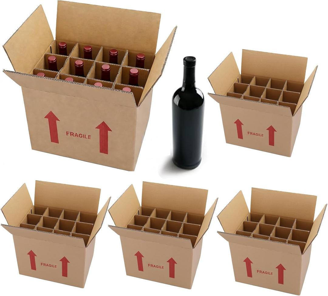 4 Sets Wine Bottle Moving Boxes, 16 x 12 x 12 Inch Moving Boxes with Divider Kits, Wine Shipping Box with Reinforced Cardboard & Handles, Glassware Packing Kits with Corrugate Dividers