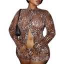 2 x Tehoao Two Piece Leopard Print Set Sexy Going Out Club Outfit for Women Long Sleeve Mesh Top Cheetah Shorts Set (Leopard,L) (L)