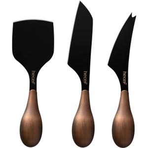 hecef Cheese Knife Set of 3, Bronze Grain Multipurpose Retro Cheese Knives, Set includes Pronged, Hard Cheese & Chisel Knife, Black