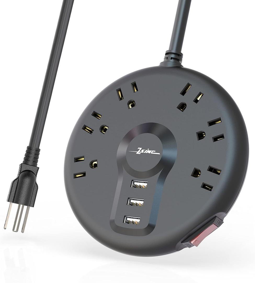 Power Strip, 6 Outlets and 3 USB Ports 6.5FT Long Extension Cord, Circle Socket Overload Surge Protector, 100% Copper Core, Flat Plug Charging Station Compact for Office, Home, Travel (Black)