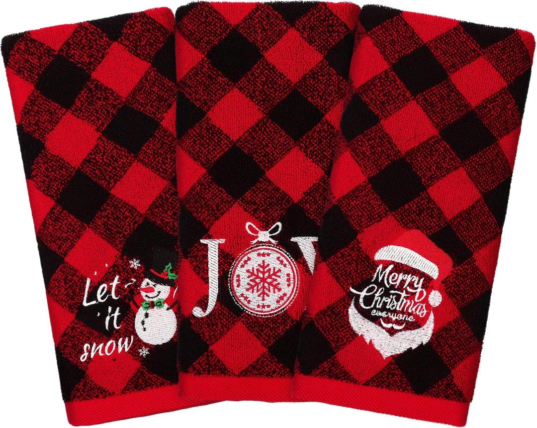 MCEAST 3 Pack Christmas Hand Towels 14 x 25 Inch Cotton Towels Embroidered Christmas Bath Towels Red and Black Buffalo Plaid Hand Towels for Bathroom Kitchen Soft Washcloths for Drying, Cleaning