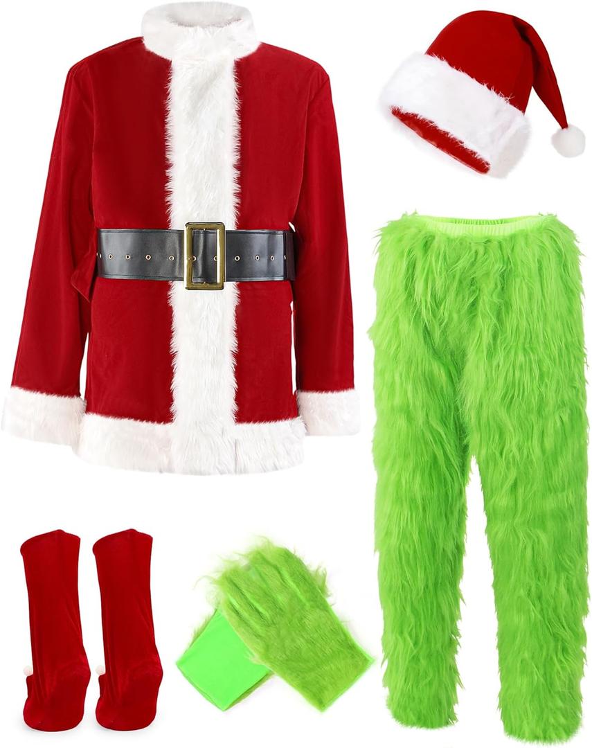 ADOMI Christmas Costume for Men Green Furry Monster 8PCS Deluxe Adult Santa Suit Xmas Outfit Set Halloween Holiday (3X-Large)