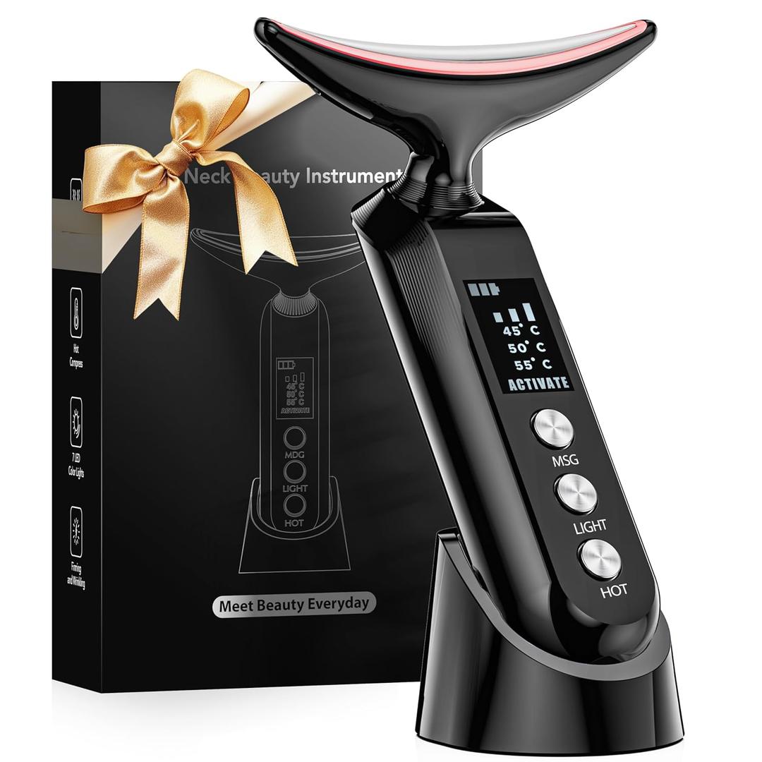 2025 Upgraded Red Light Therapy for Face Portable Charging Dock, Facial Neck Massager 3 Heat Settings, Vibrating Face Massage, 9-Color LED Light & 30-Day Battery | Home Spa Travel Skincare - Black