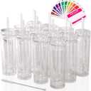 STRATA CUPS 12 Clear Skinny Tumblers with Lids and Straws | 16oz Reusable Cup Double-Wall Clear Tumbler with Lid and Straw, Durable Acrylic Tumblers With FREE Straw Cleaner & Name Tags
