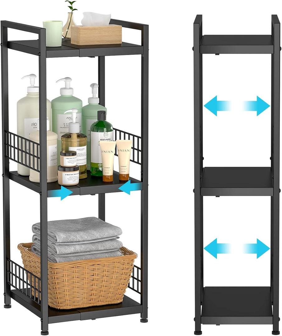3-Tier Metal Shelving Unit, Expandable, Free-Standing, Narrow, Open Floor Shelves, Ideal for Bathroom, Kitchen, Laundry, Storage, Organization (Black)