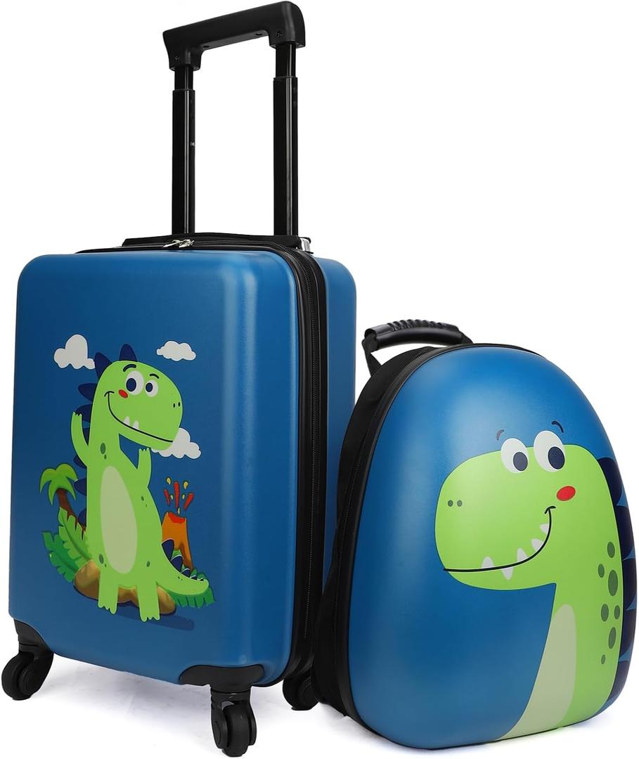 emissary Kids Luggage with Wheels, Hardside Toddler Carry On Suitcase Set, Lightweight Rolling Travel Bag for Boys and Girls, Airline Approved Travel Gifts - Dinosaur