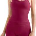 SUUKSESS Women 2 Piece Workout Sets High Waisted Tummy Control Biker Shorts Halter Padded Tank Tops (Small, Magenta)