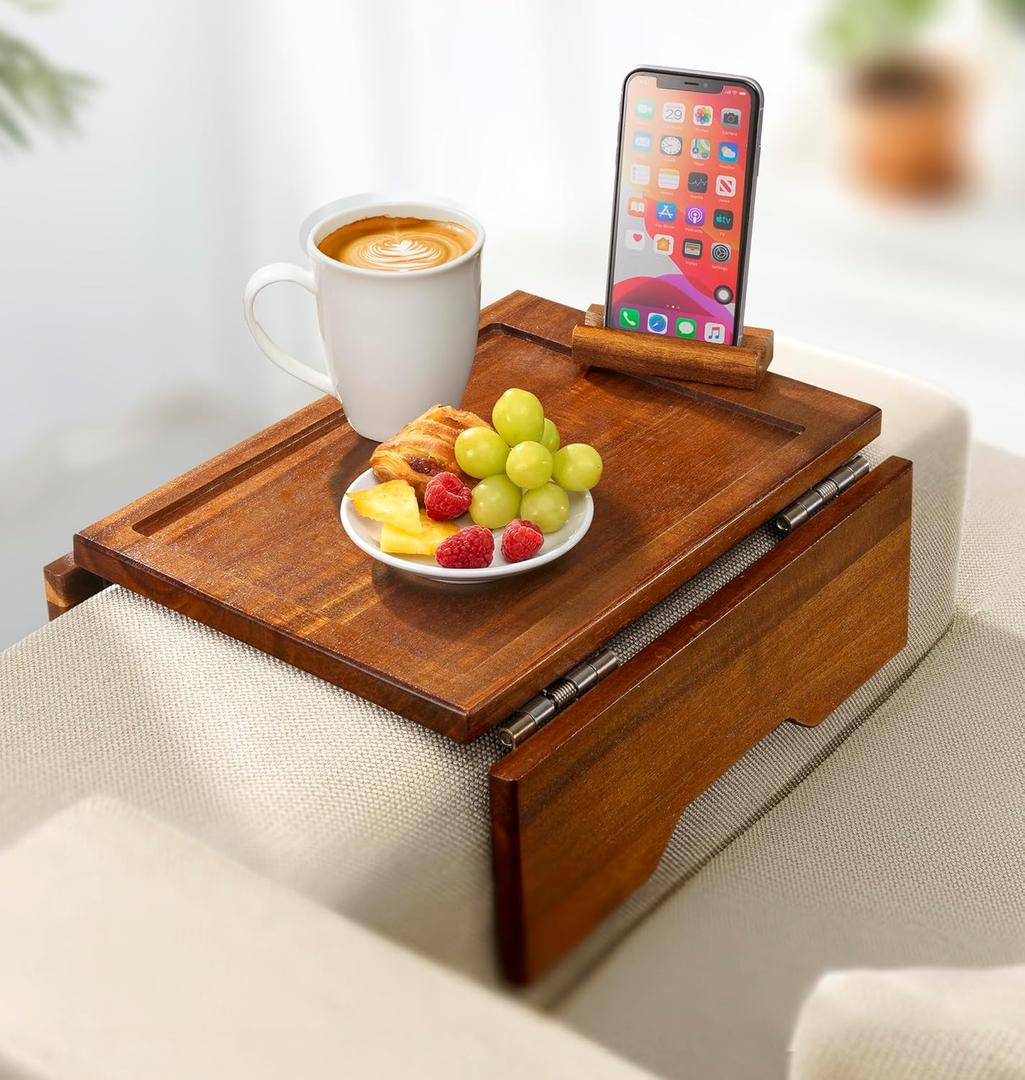 Couch Arm Table Tray with Phone & Tablet Holder  Acacia | Premium Clip-On Sofa Arm Tray for Snacks, Drinks, Remotes, and More  Perfect Sofa Side Table for Living Room Comfort