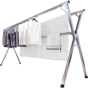 JAUREE 95 Inches Clothes Drying Rack, Drying Rack Clothing Folding Indoor Outdoor, Heavy Duty Stainless Steel Laundry Rack, Foldable Portable Large Clothes Rack Garment Rack with 20 Windproof Hooks (Silver)