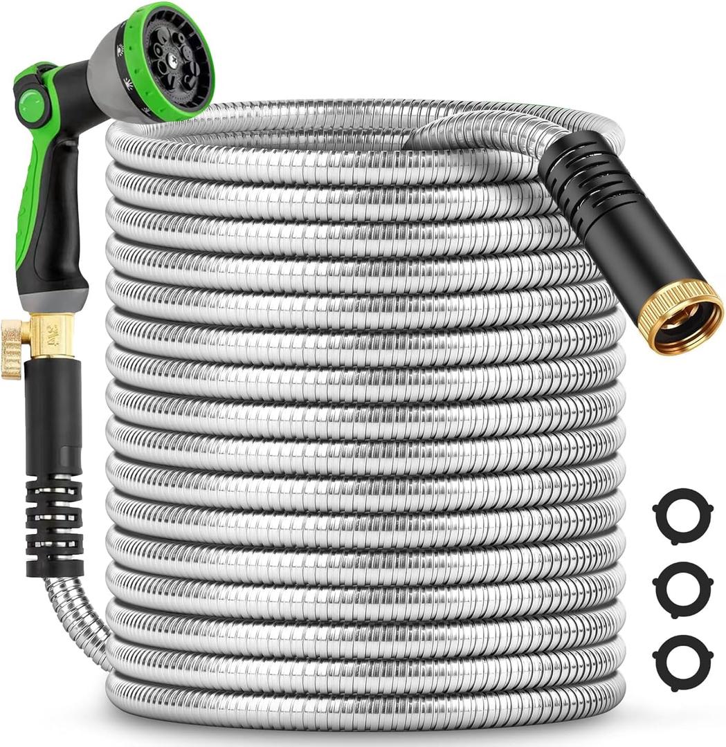 200Ft Metal Garden Hose durable stainless steel Water Hose, flexible, lightweight hose is resistant to kinks and tangles. With 10-way nozzle, strong 3/4 metal fittings, and a Stop Valve. (Silver)