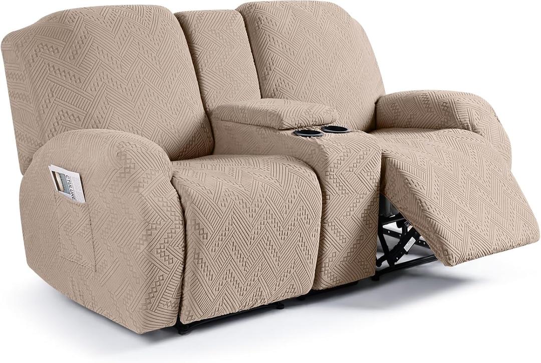 Ruaozz Stretch Loveseat Recliner Covers with Console 4-Pieces Recliner Sofa Covers with Pockets Jacquard Reclining Couch Covers Furniture Protector with Elastic Straps Bottom (2 Seater, Khaki)