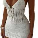 Women Knit Hollow Out Crochet Cover Up Sexy Halter Backless Bodycon Mini Dress Tie Up Swimwear Beach Dresses Small, White 