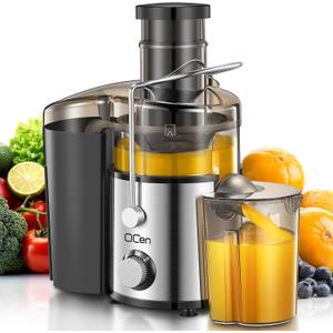 QCen Juicer Machine, 800W Centrifugal Juicer Extractor with 3 Wide Mouth Feed Chute for Fruits & Vegetables, Easy to Clean, Stainless Steel, BPA-Free