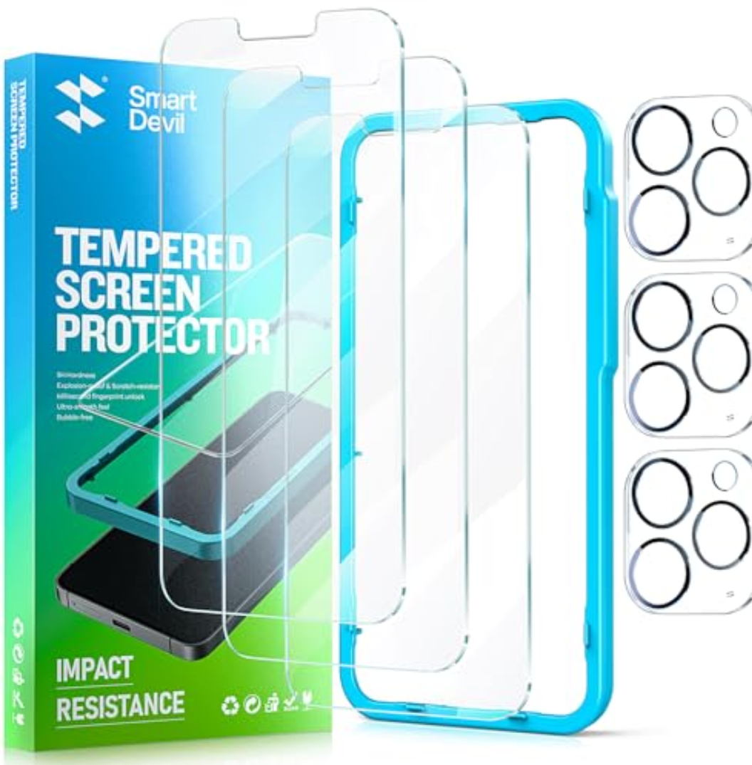 SMARTDEVIL 3 Pack Screen Protector for iPhone 14 Pro with 3-Pack Camera Lens Protector, 9H Clear Tempered Glass Film [Military Grade Shatterproof], Alignment Frame, 1 Pack