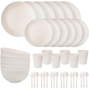 EI 42pcs Wheat Straw Dinnerware Set,Plates and Bowls Sets,Reuasble Plate,Unbreakable Dinner Plate for 6,Microwave Dishwasher Safe,College Dorm Room Essentials Dishes Sets-Bowls,Plates,Cups,Cutlery