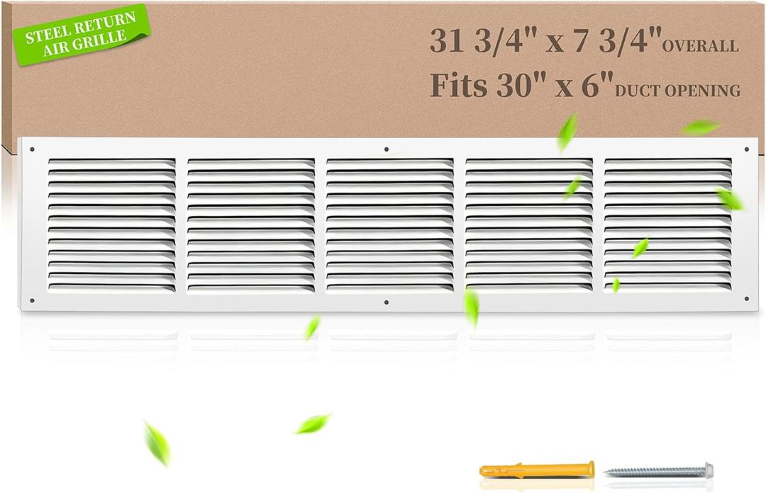 30"W x 6"H Return Air Grille [Duct Opening Size], Steel HVAC Return Air Vent Cover for Wall & Ceiling, White Powder-Coated Rust-Resistant AC Cold Air Return, Outer Dimensions 31.75"W x 7.75"H