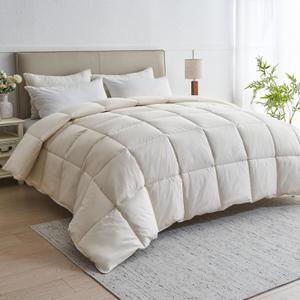 puredown Organic Cotton Feather Fiber Comforter, Bedding Duvet Insert Full/Queen Size, All Season 100% Pure Natural Cotton Cover Breathable Fluffy Feather Comforter with Corner Ties (Beige, 88"x90")