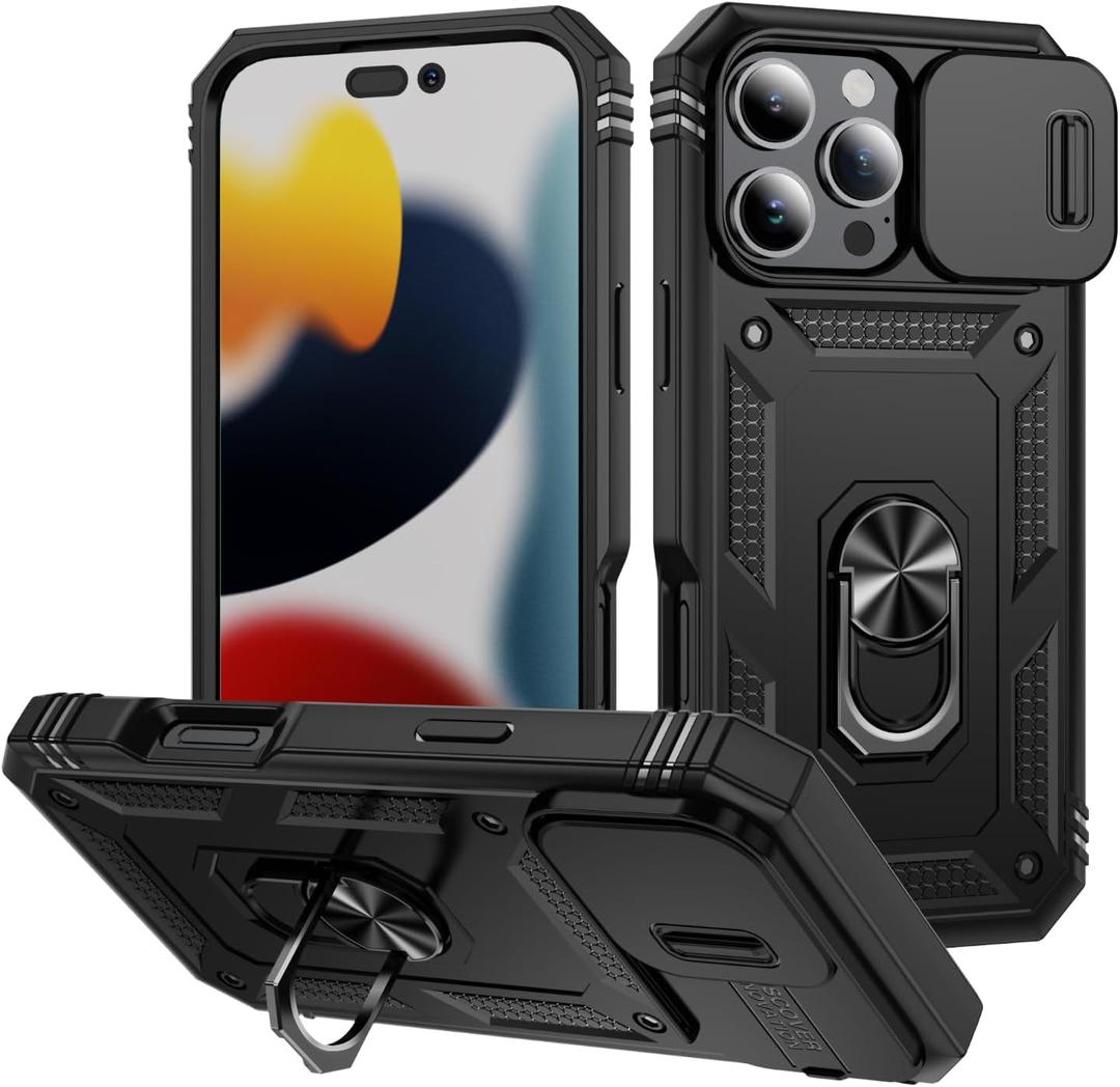 for Apple iPhone 16 Pro Max Case Military Grade Drop Shock Protection Cell Phone Cover with Slide Camera Cover Built-in 360° Rotate Ring Stand for iPhone 16 Pro Max 6.9 - Black