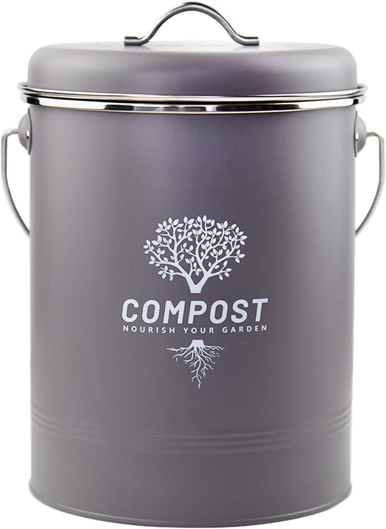 Kitchen Countertop Compost Bin, Odor Resistant Indoor Compost Bin with Lid and Charcoal Filter, Rust Resistant Coated Compost Bucket, Compost Container, Gray (Medium)