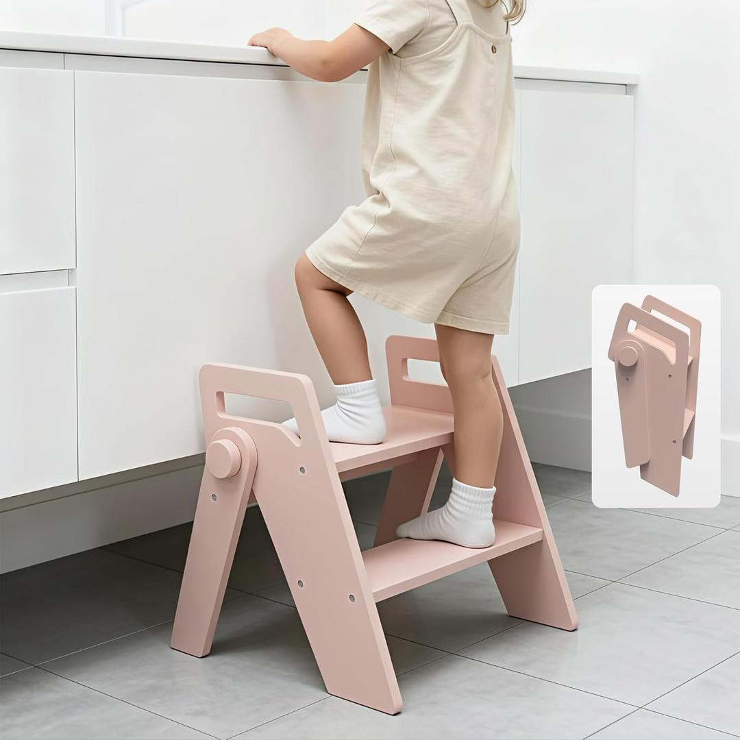 Wooden 2 Step Stool for Kids Bathroom Foldable 2-Step for Toilet Potty Training, Child Stepping Stool for Kitchen Nursery Bedroom Pink