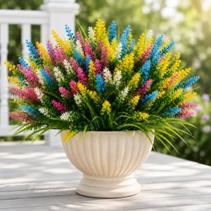24 Bundles Artificial Lavender Flowers Outdoor UV Resistant, 4 Colors | Faux Plants in Light Blue, White, Pink, Yellow, Realistic Fake Outdoor Flowers for Garden Porch Window Box Decor