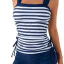 MakeMeChic Women's 2 Piece Tankini Swimsuit Striped Drawstring High Waisted Tummy Control Swimsuit (Large, Blue)