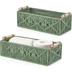 Mkono Macrame Storage Baskets Boho Decor Box Handmade Woven Decorative Countertop Toilet Tank Shelf Cabinet Organizer for Bedroom Livingroom Home, Set of 2, Green