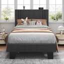 Feonase Twin Platform Bed Frame, Fabric Upholstered Twin Bed Frame, Solid Wood Slats & Heavy Duty Feet Support, No Box Spring Needed, Noise-Free, Easy Assembly, Dark Grey