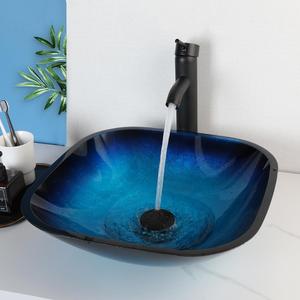 HM HomeMieco 17 Inch Square Blue Glass Vessel Sink Bathroom Bowl Sink with Faucet and Drain, Above-Counter Modern Bathroom Sink Basin for Vanity