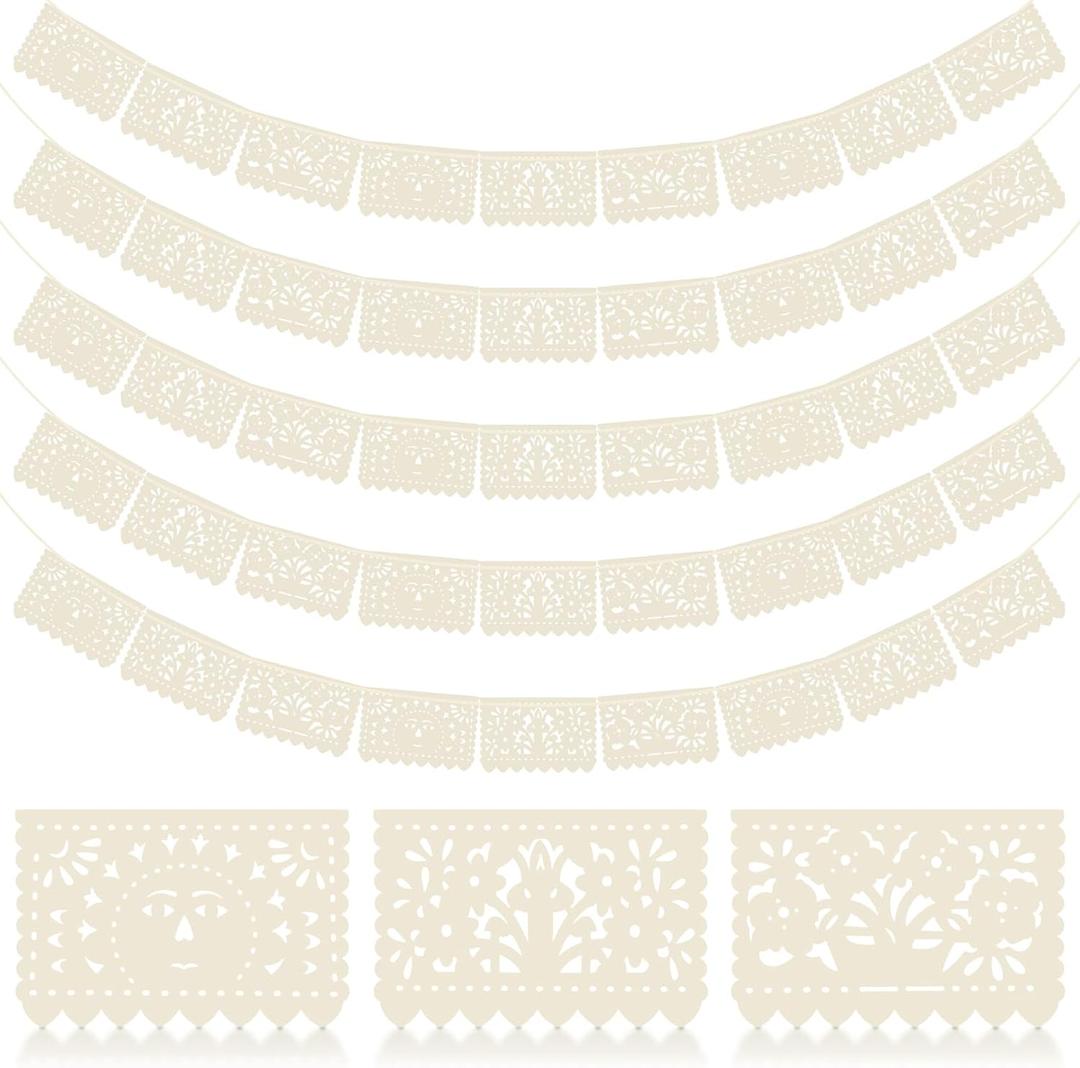 AmazingSpark 5 Pack Papel Picado Backdrop Cream White Papel Picado Banners Mexican Banner Fiesta Decoration Wedding Bridal Engagement Baby Shower Birthday Mexican Party Banner Garland Bunting Streamer