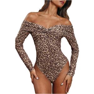 SweatyRocks Women's Sexy Leopard Print Bodysuit Off The Shoulder Ruched Wrap Leotard Going Out Tops (Multicolor)