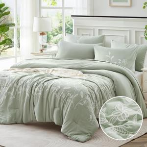MaiRve Embroidery Comforter Sets Green Twin Size, Farmhouse Floral Twin Bedding Sets 5 Pieces, Warm Fluffy All Season Bed Set and Comforter Sets(Green, Twin,66"x86")