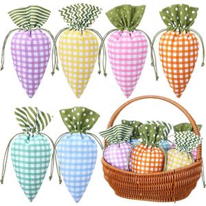 SilTriangle 24 Pcs Easter Carrot Shaped Treat Bags Easter Basket Stuffers Fabric Drawstring Candy Gift Goodie Bags for Egg Hunt Outdoor Party Supplies (Plaid Style)
