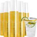 FOCUSLINE 200 Pack 12 oz Gold Rimmed Plastic Cups, Clear Plastic Cups Tumblers, Heavy-duty & Fancy Disposable Hard Cup 12 Ounce with Gold Rim for Wedding Cup Elegant Party Cups (Gold Rimmed Cups)
