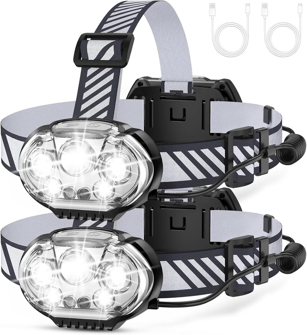 Rechargeable Headlamp, High Lumen 5 LED Head Lamp with Red White Light,IPX4 Waterproof Headlight,8 Mode Head Flashlight for Outdoor Running Hunting Fishing Hiking Camping Gear-2Pack (Black Grey)