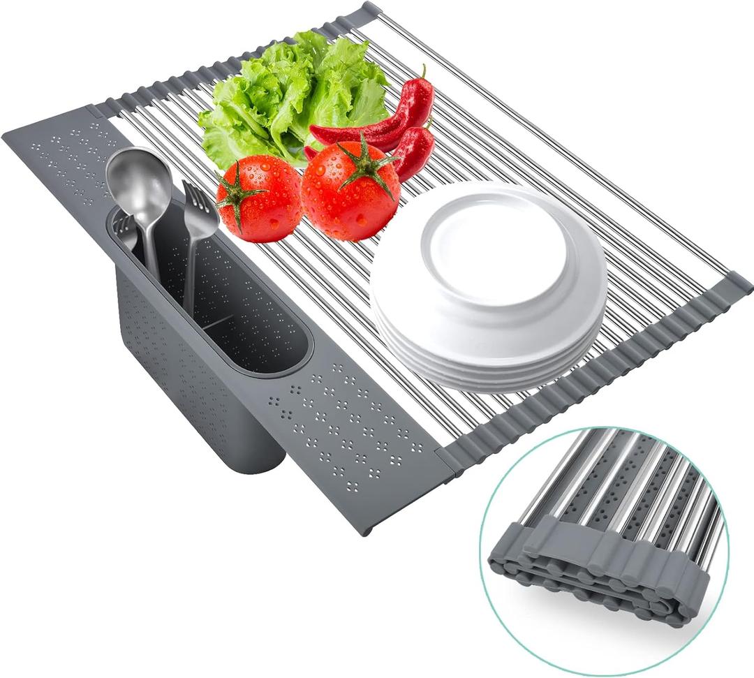Roll-up Dish Drying Rack with Utensil Holder, Collapsible Stainless Steel (Grey, 17.5" x 15.2") (Gray)