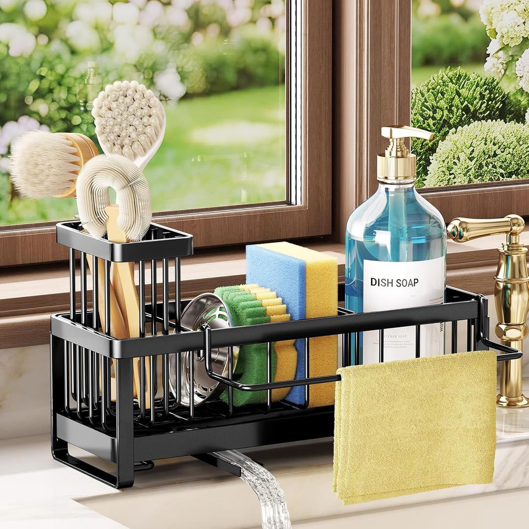 SWTYMIKI Sponge Holder for Kitchen Sink - Sink Caddy with Brush Holder Self-draining Sponge Caddy Organizer with Divider Stainless Steel Kitchen Accessories Storage for Countertop, Black, Medium