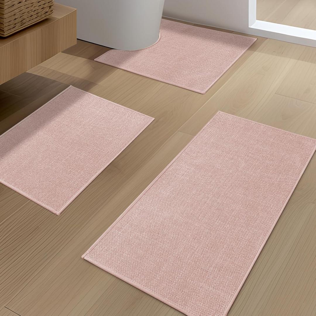 YIHOUSE Pink Bathroom Rug Sets 3 Piece, Absorbent Bath Mat for Bathroom Non Slip Washable, Bathroom Mat Quick Dry, Thin Bath Rug Set for Toilet and Floor