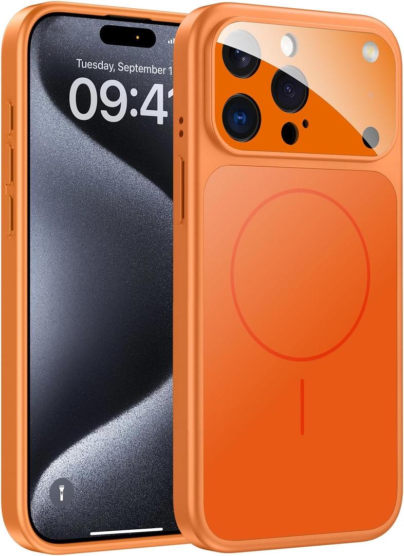 TOBOVON for iPhone 15 Pro Case with Camera Lens Protector, Compatible with MagSafe, Slim Matte Magnetic Shockproof Phone Cover for iPhone15 Pro, Orange