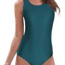 American Trends One Piece Swimsuit Women Criss Cross Back Color Block Print Bathing Suits Athletic Modest Swimwear (2-4, R Dark Blue)