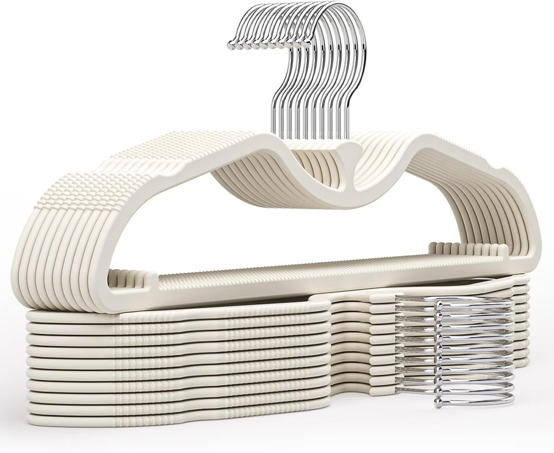 20 Pack Upgraded Short Neck Vertical Space Saver Hangers, 360 Degree Swivel Hooks, Non-Slip Hangers, Liquid Silicone, Smooth as Skin (Not Velvet) - Cream