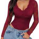 SAUNGKUAI Women's V Neck Lace Bodysuit Long Sleeve Bodysuits Double Lined Going Out Tops Y2K Trendy Thong Outfits M, Burgundy
