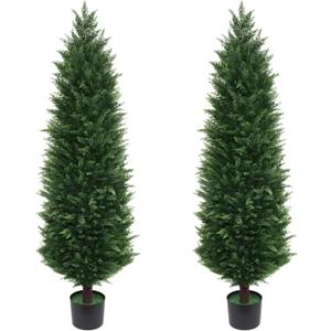 Artificial Topiary Cedar Trees, 2 Pack 5FT Artificial Cedar Pine Tree, Set of 2 Potted UV Rated Plant Fake Plants Tall Artificial Plants Shrubs for Indoors Outdoors (60IN/5FT, Split-type Design)