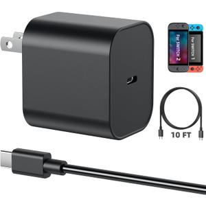 Switch 2 Charger - 60w AC Power Adapter for Nitendo 2/1, 10FT/3M Extra Long USB C Cable, Support 4K TV Dock, PD 3.0 Fast Charging Power 20V/3A for Switch Batteries(10FT - Long Reach for Large Spaces)