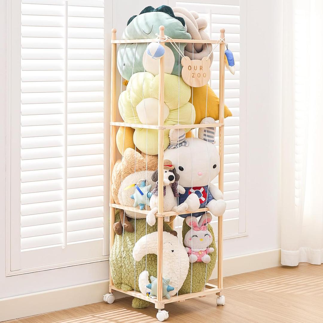 Stuffed Animal Storage Zoo Organizer  Tall Wooden Tower Holder for Large Plush Toys  Vertical Space Saving Cage Display  Kids Playroom Nursery Bedroom Toy Organization Solution (Natural)